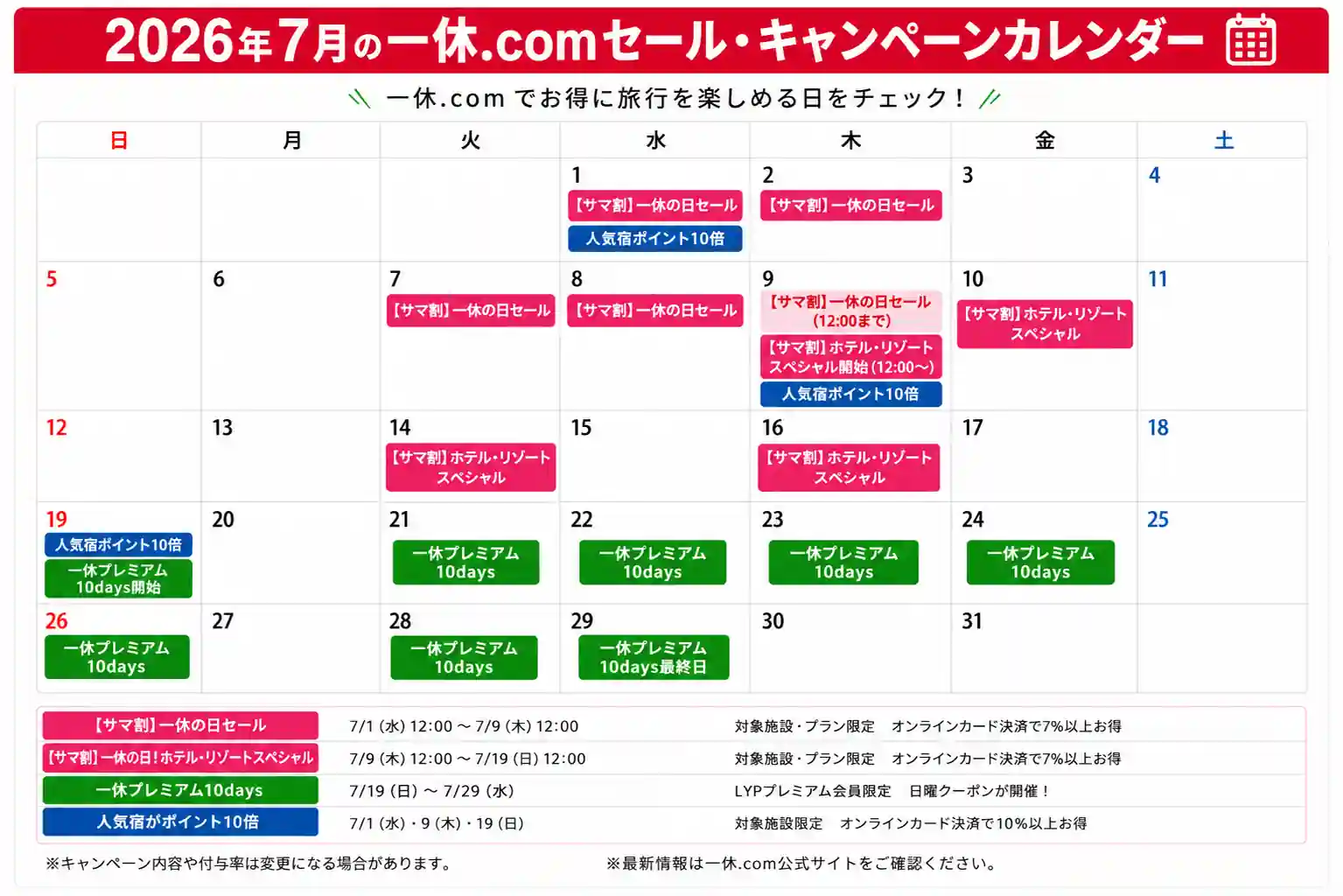 一休 キャンペーンカレンダー 7月