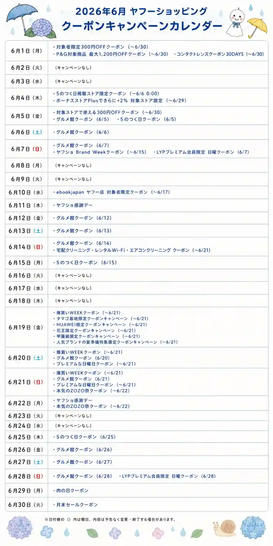 ヤフショッピング クーポンカレンダー 2026年6月